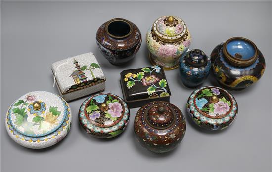 A collection of cloisonne covered jars and boxes,